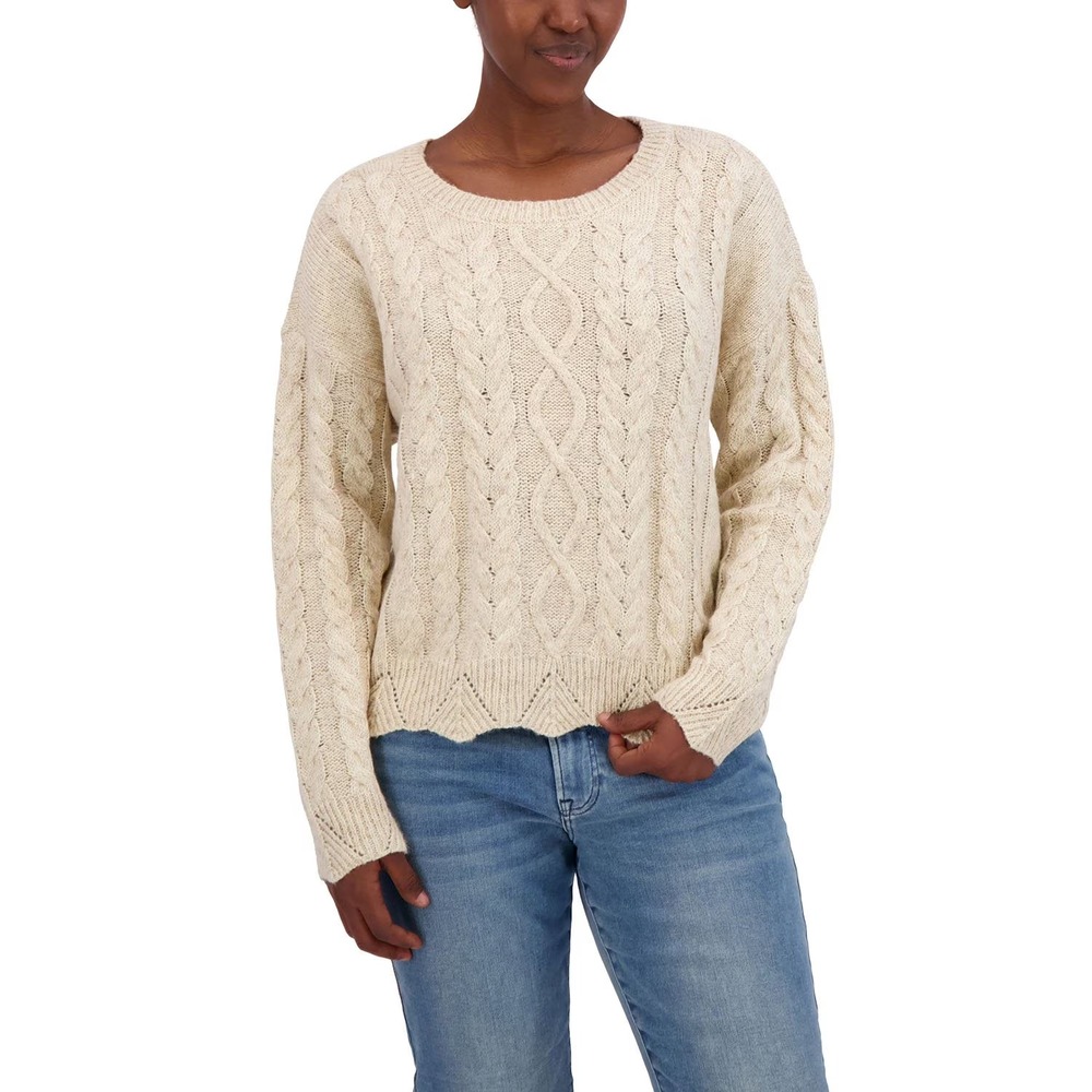 Lucky Brand Womens Cable Knit Sweater Ivory Cream Scallop Hem Pullover Size L